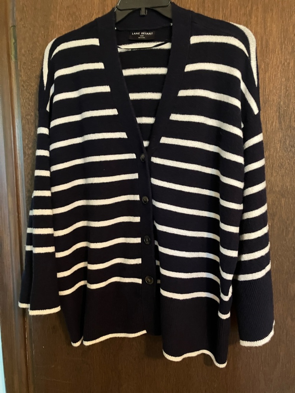 Lane Bryant Navy and White Striped Button-Front Cardigan
